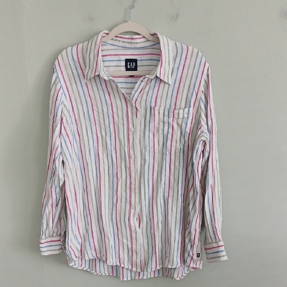 GAP Tops - GAP Women's White Striped Button-Up Long Sleeve Linen Blend Shirt Size XL